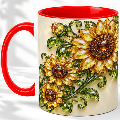 Crystal Sunflower Accent Mug, Ceramic Mug with Golden Floral Art