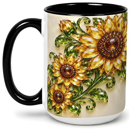 #pl[15oz|Black] Crystal Sunflower Accent Mug, Ceramic Mug with Golden Floral Art