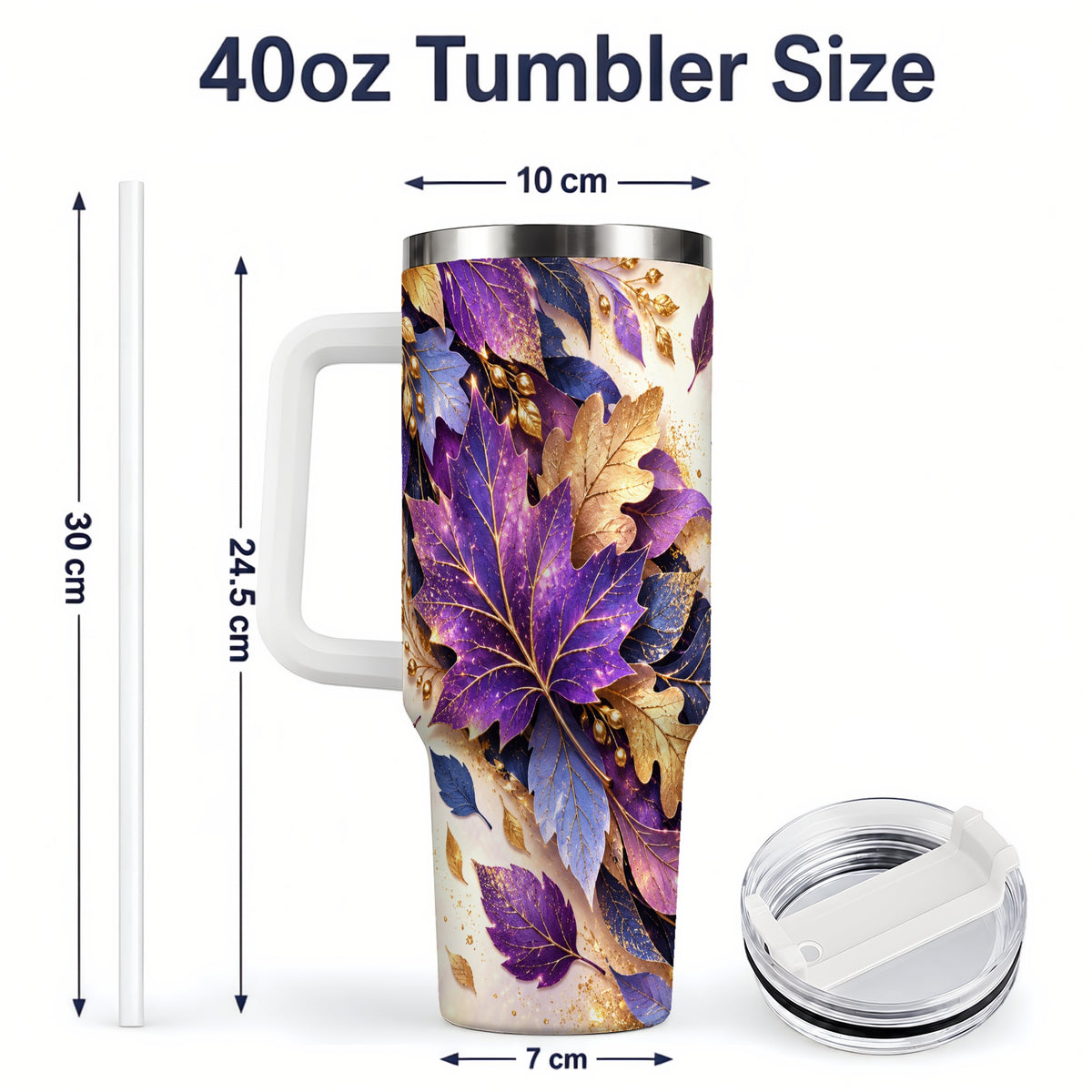 #pl[40oz|White] Purple Autumn Leaves 40oz Tumbler, Gold Botanical Leaf Artwork