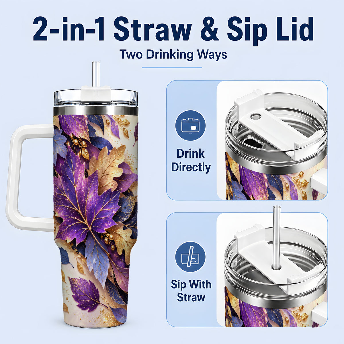 #pl[40oz|White] Purple Autumn Leaves 40oz Tumbler, Gold Botanical Leaf Artwork