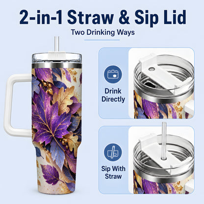 #pl[40oz|White] Purple Autumn Leaves 40oz Tumbler, Gold Botanical Leaf Artwork