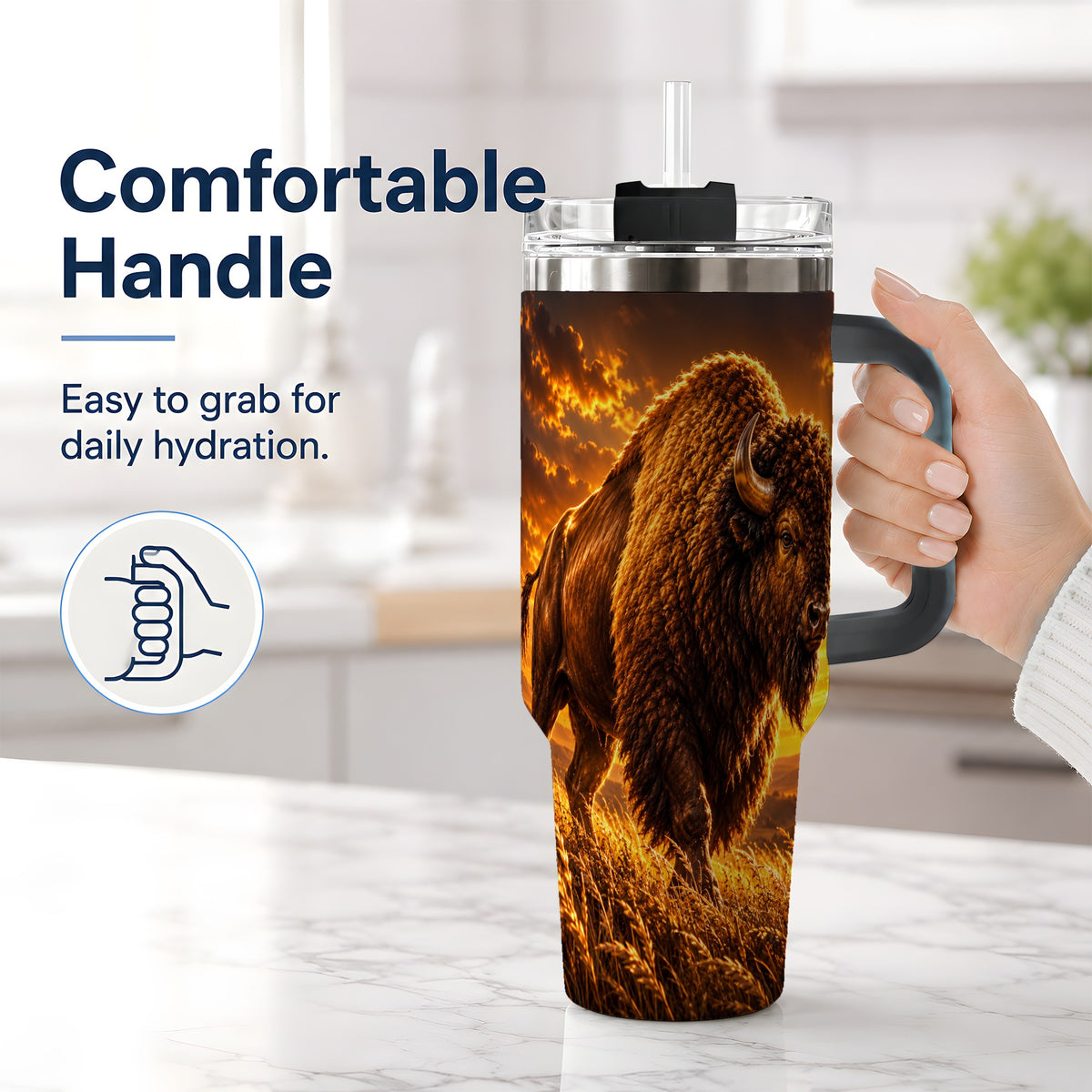 #pl[40oz|Black] American Bison 40oz Tumbler, Golden Prairie Sunset Artwork