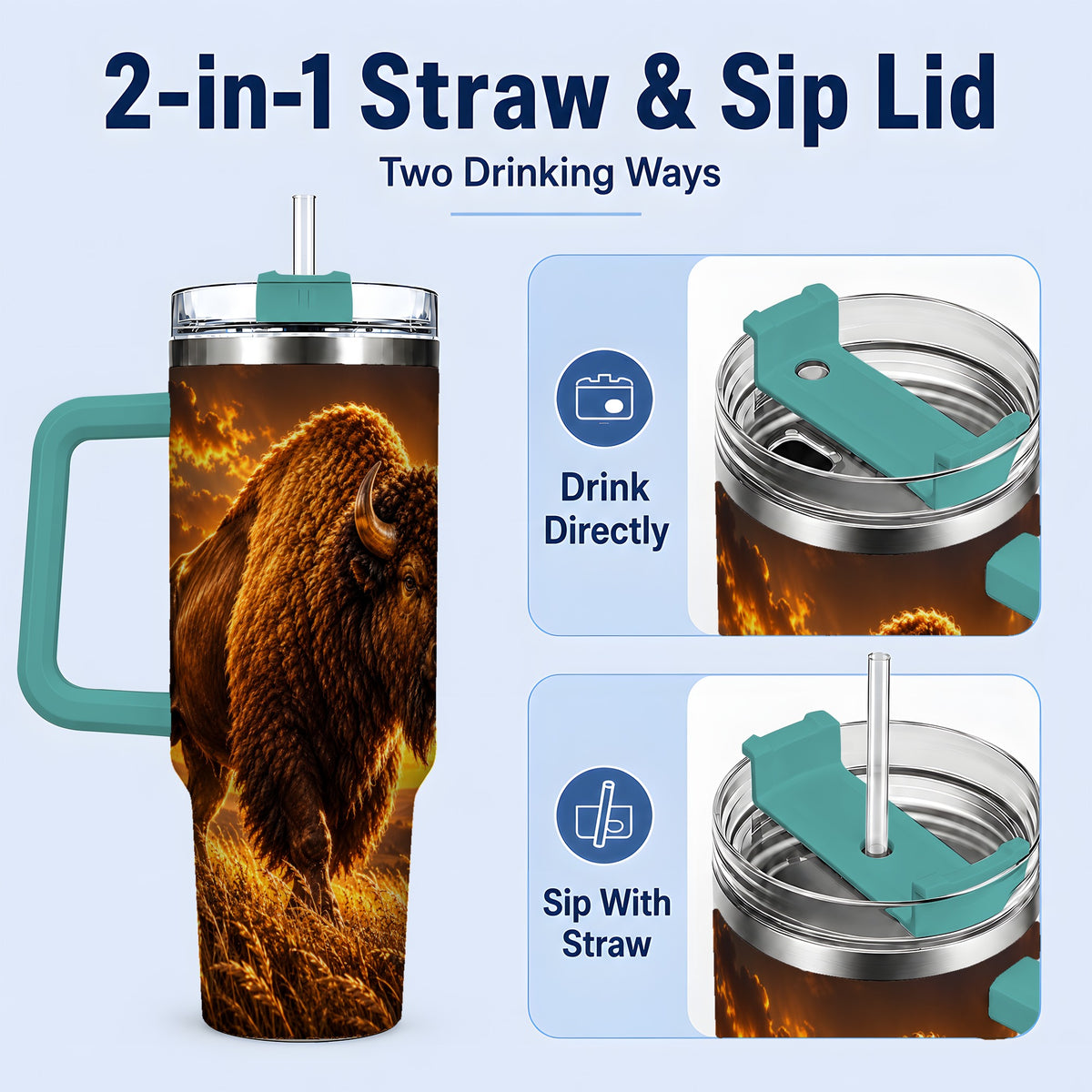 #pl[40oz|Green] American Bison 40oz Tumbler, Golden Prairie Sunset Artwork