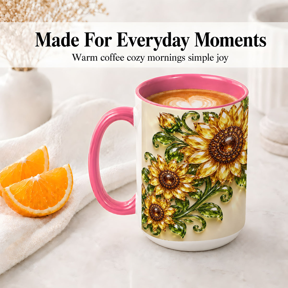 #pl[15oz|Pink] Crystal Sunflower Accent Mug, Ceramic Mug with Golden Floral Art