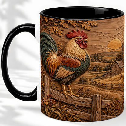 #pl[11oz|Black] Farm Rooster Accent Mug, Ceramic Mug with Rustic Country Artwork