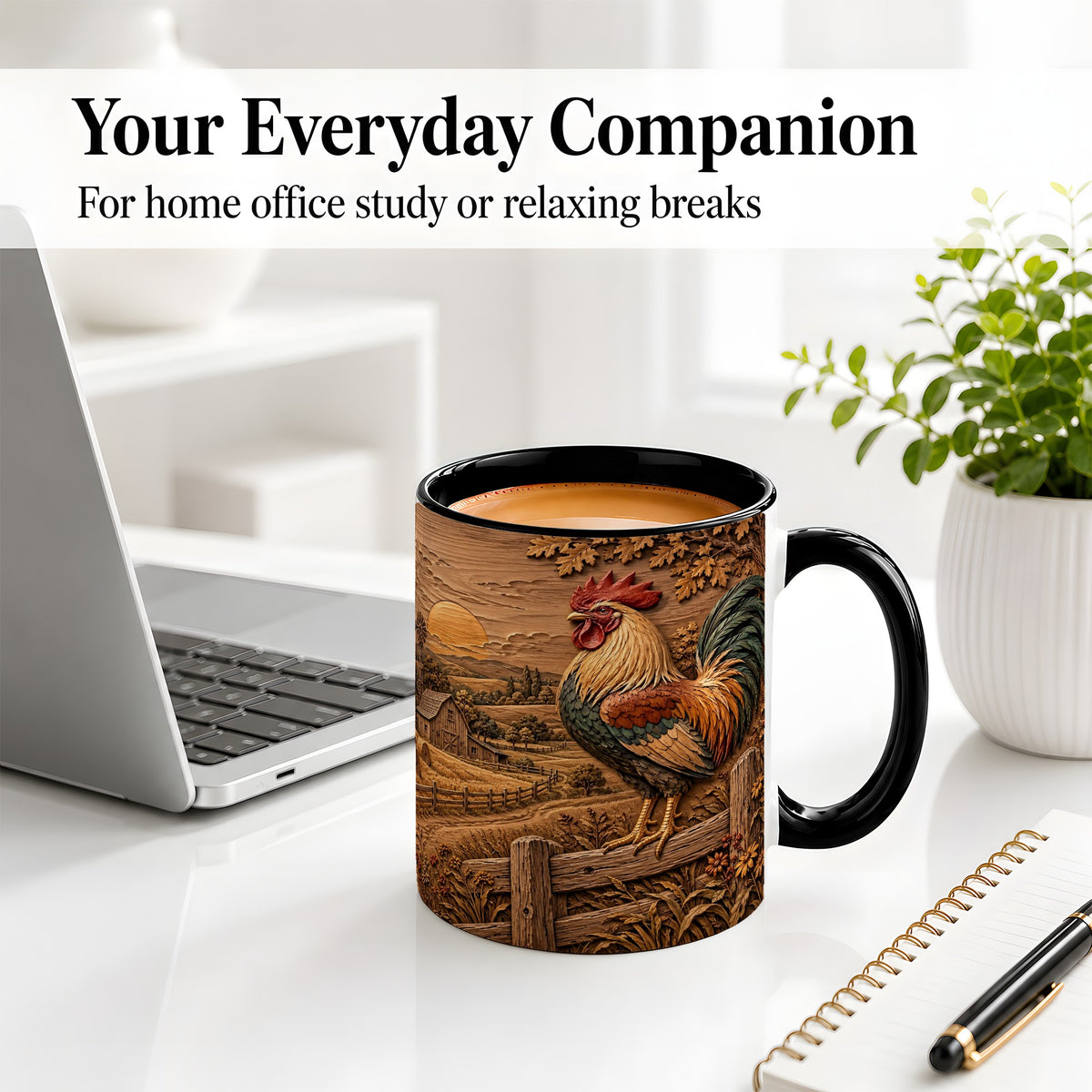 #pl[11oz|Black] Farm Rooster Accent Mug, Ceramic Mug with Rustic Country Artwork