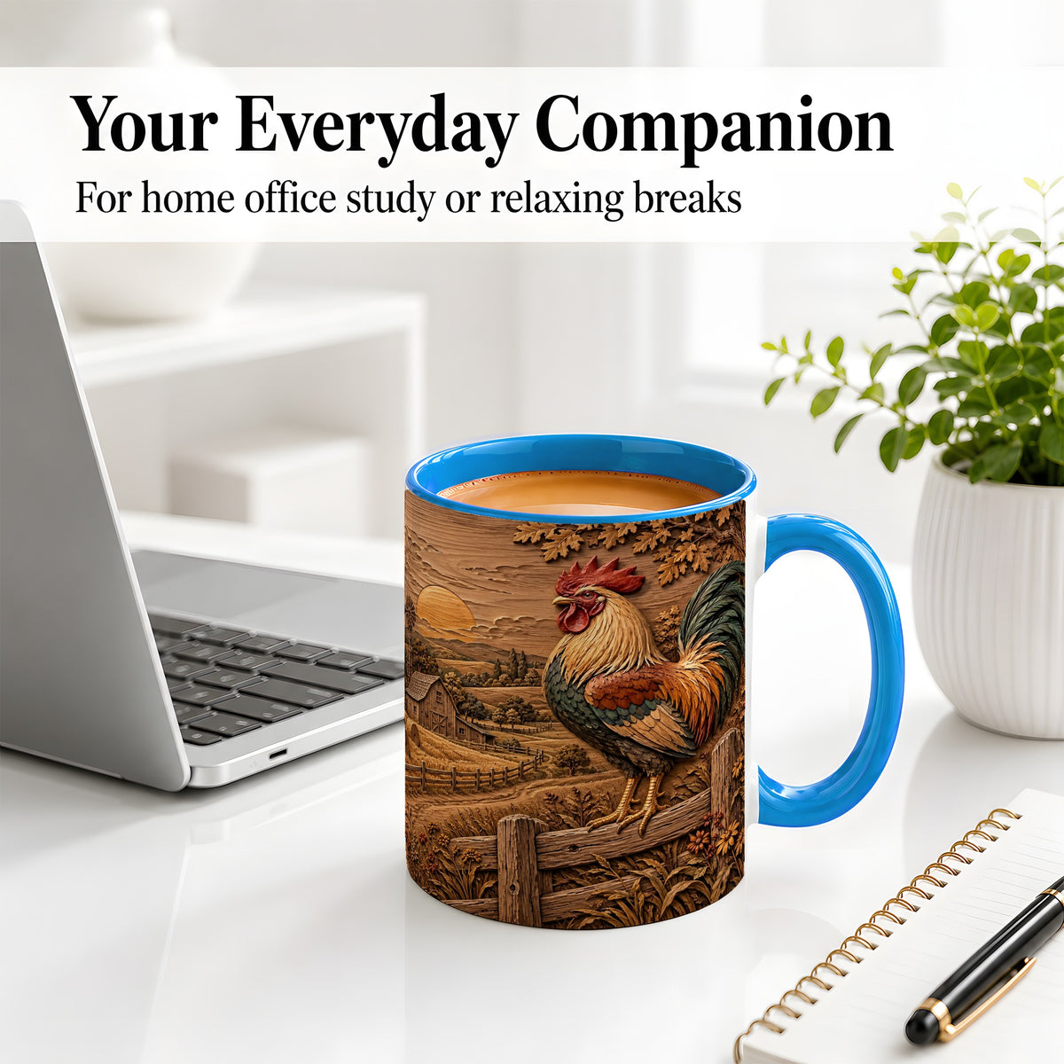 #pl[11oz|Blue] Farm Rooster Accent Mug, Ceramic Mug with Rustic Country Artwork