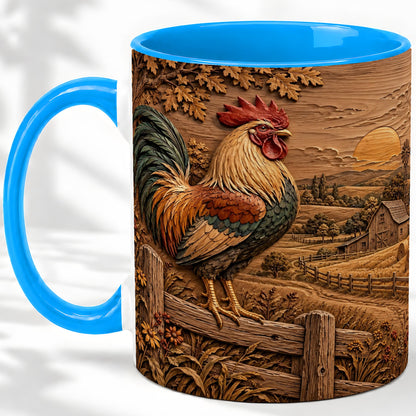 #pl[11oz|Blue] Farm Rooster Accent Mug, Ceramic Mug with Rustic Country Artwork