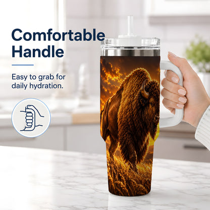 #pl[40oz|White] American Bison 40oz Tumbler, Golden Prairie Sunset Artwork
