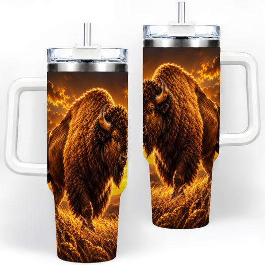 American Bison 40oz Tumbler, Golden Prairie Sunset Artwork