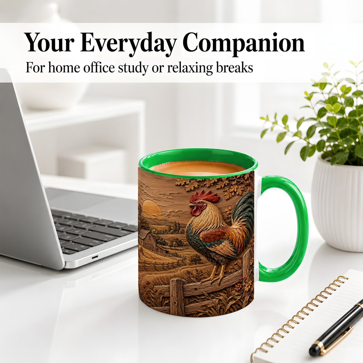 #pl[11oz|Green] Farm Rooster Accent Mug, Ceramic Mug with Rustic Country Artwork
