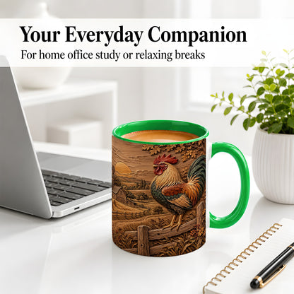#pl[11oz|Green] Farm Rooster Accent Mug, Ceramic Mug with Rustic Country Artwork
