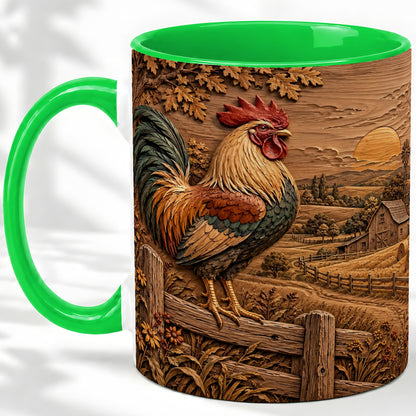 #pl[11oz|Green] Farm Rooster Accent Mug, Ceramic Mug with Rustic Country Artwork