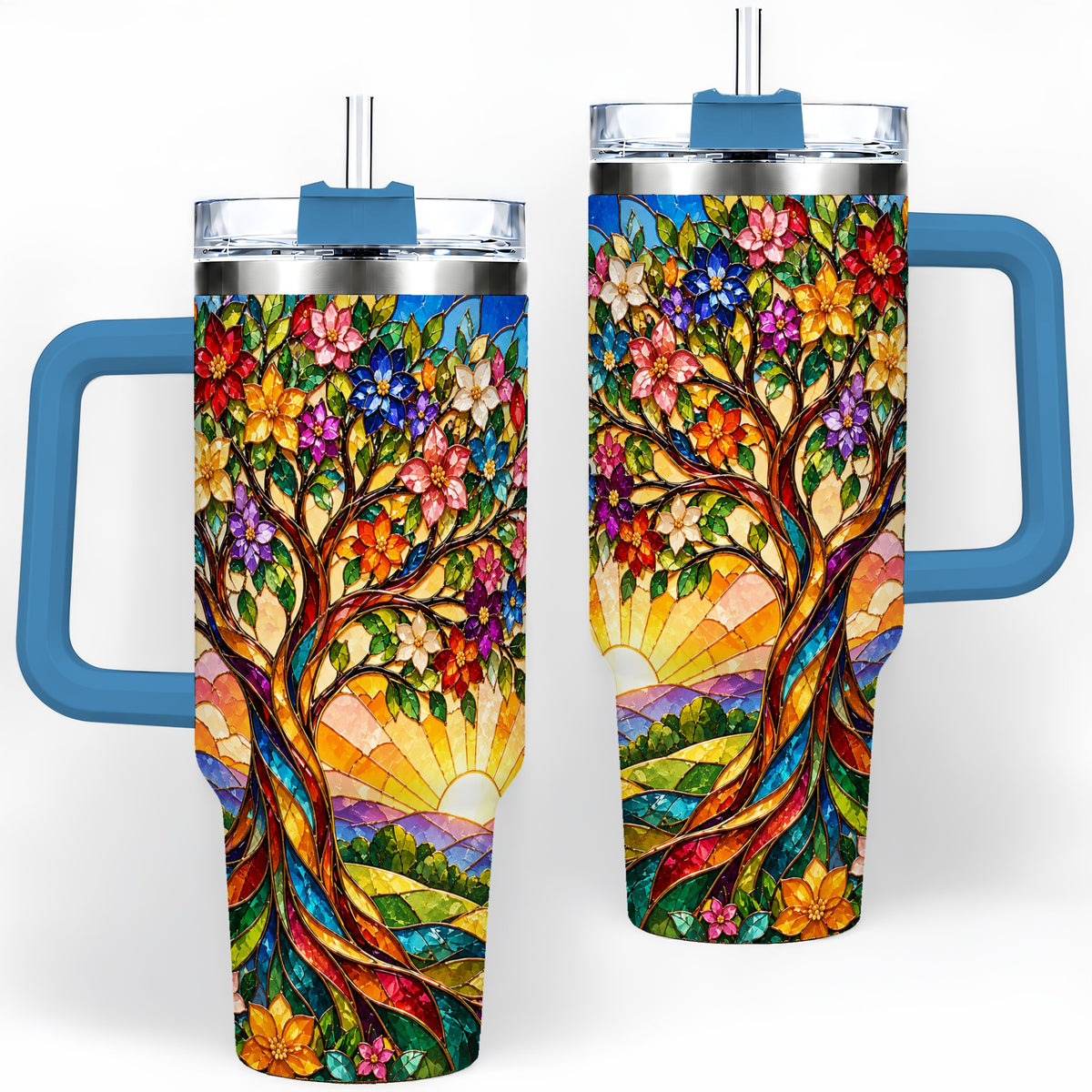 #pl[40oz|Blue] Colorful Floral Tree 40oz Tumbler, Stained Glass Style Artwork