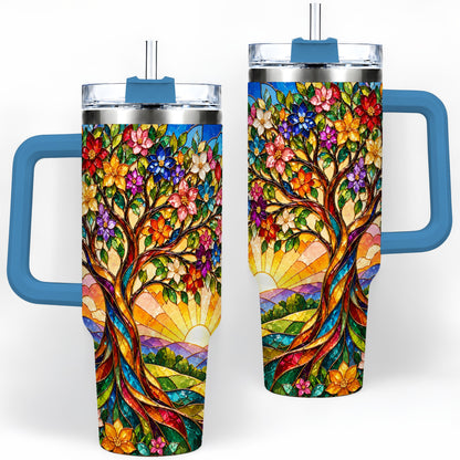 #pl[40oz|Blue] Colorful Floral Tree 40oz Tumbler, Stained Glass Style Artwork