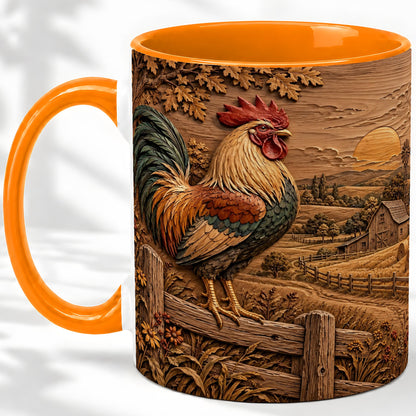#pl[11oz|Orange] Farm Rooster Accent Mug, Ceramic Mug with Rustic Country Artwork