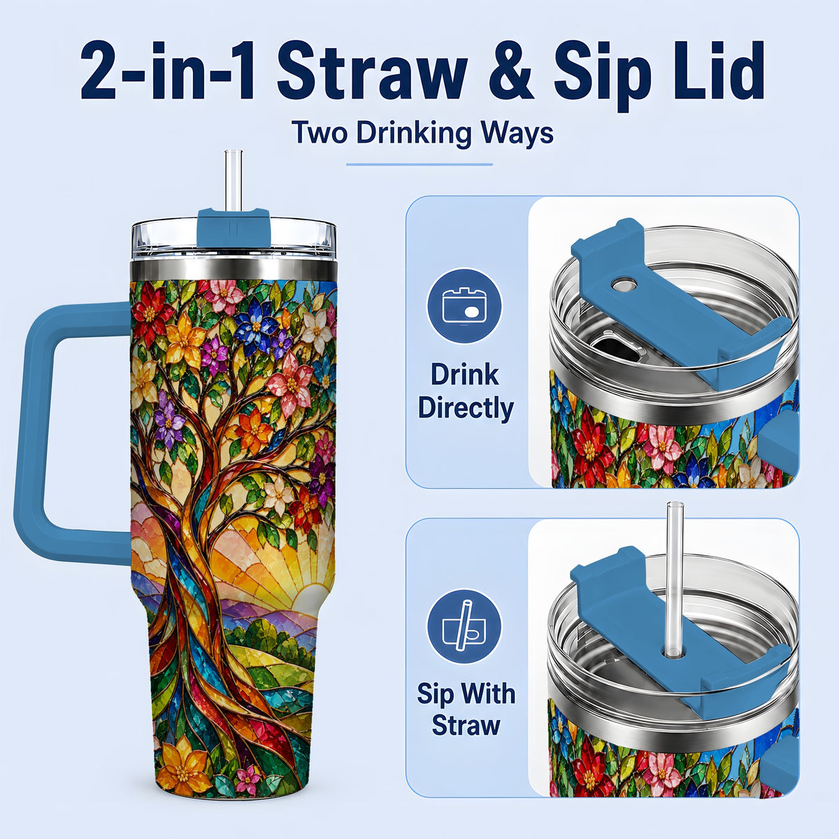 #pl[40oz|Blue] Colorful Floral Tree 40oz Tumbler, Stained Glass Style Artwork