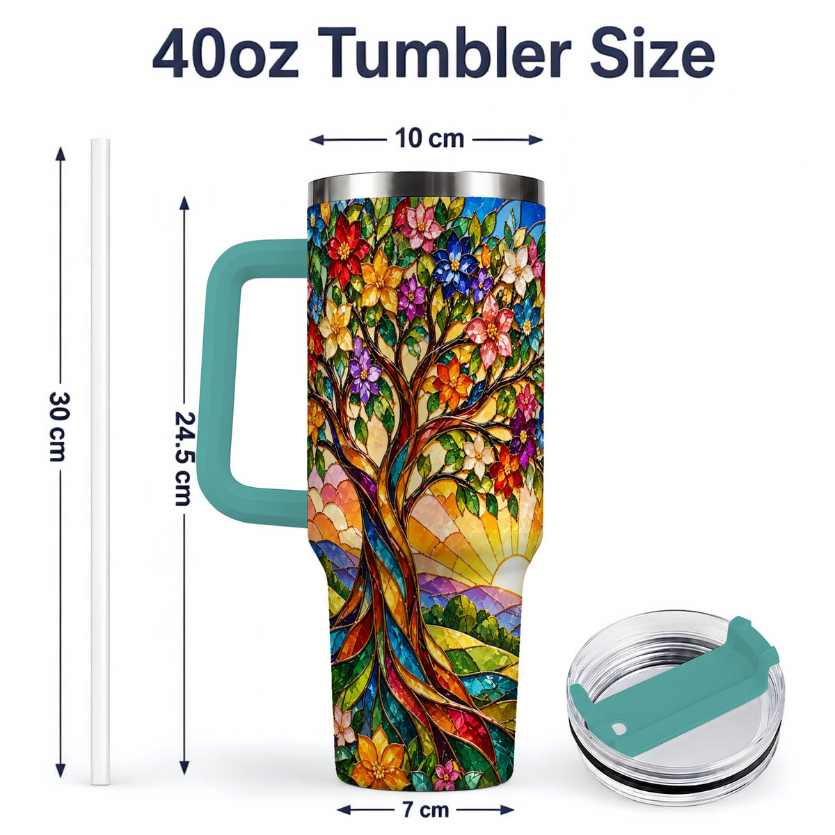 #pl[40oz|Green] Colorful Floral Tree 40oz Tumbler, Stained Glass Style Artwork