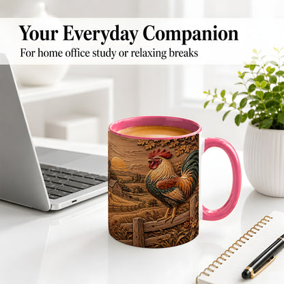 #pl[11oz|Pink] Farm Rooster Accent Mug, Ceramic Mug with Rustic Country Artwork