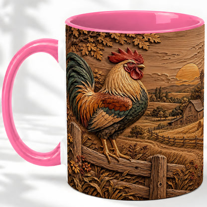 #pl[11oz|Pink] Farm Rooster Accent Mug, Ceramic Mug with Rustic Country Artwork