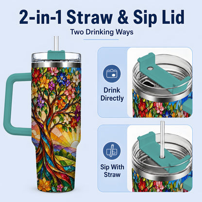 #pl[40oz|Green] Colorful Floral Tree 40oz Tumbler, Stained Glass Style Artwork