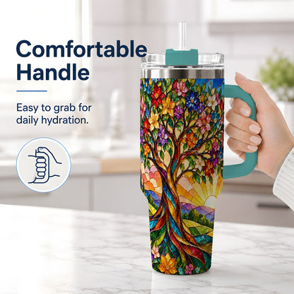 #pl[40oz|Green] Colorful Floral Tree 40oz Tumbler, Stained Glass Style Artwork