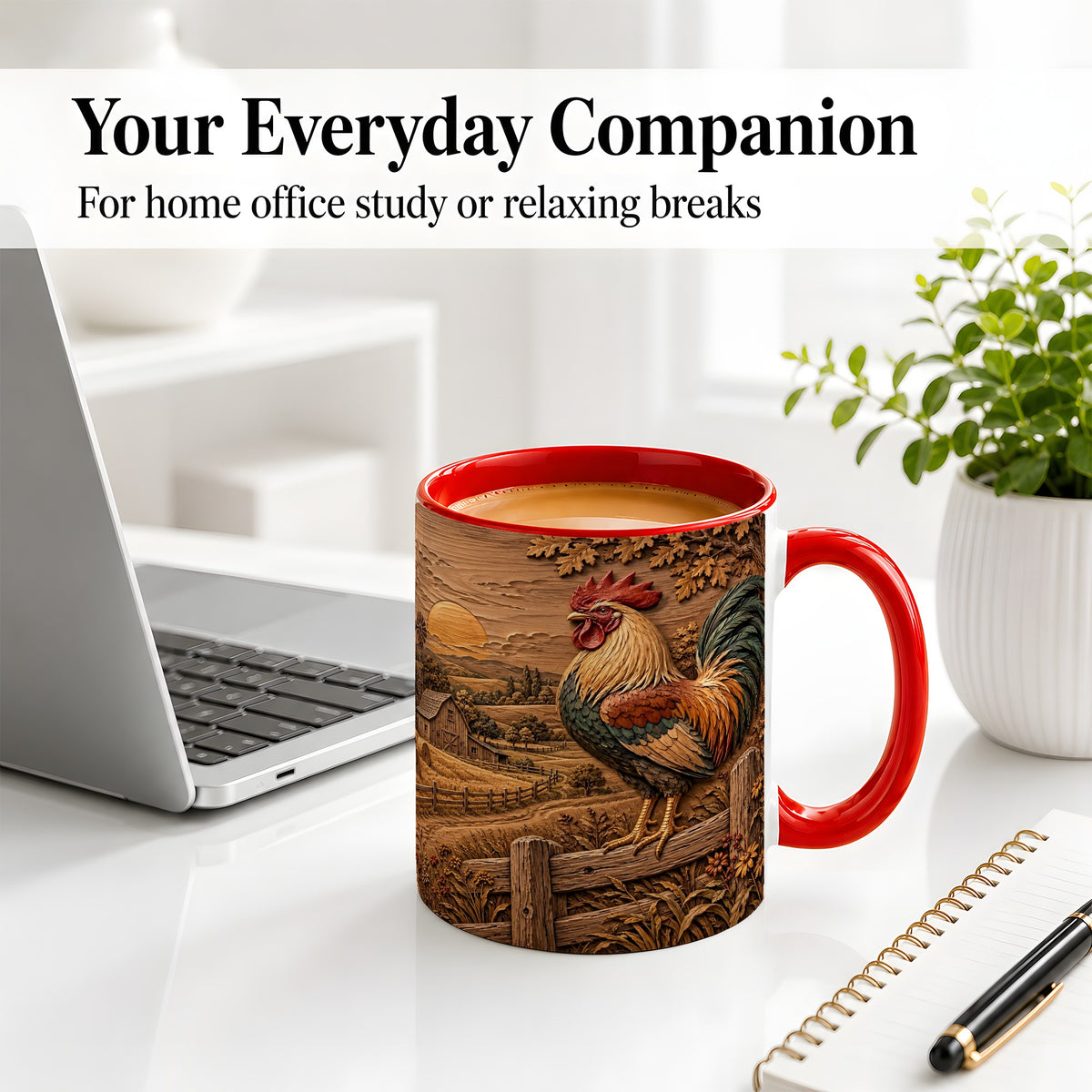 #pl[11oz|Red] Farm Rooster Accent Mug, Ceramic Mug with Rustic Country Artwork