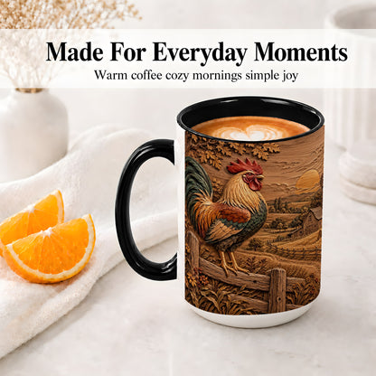 #pl[15oz|Black] Farm Rooster Accent Mug, Ceramic Mug with Rustic Country Artwork