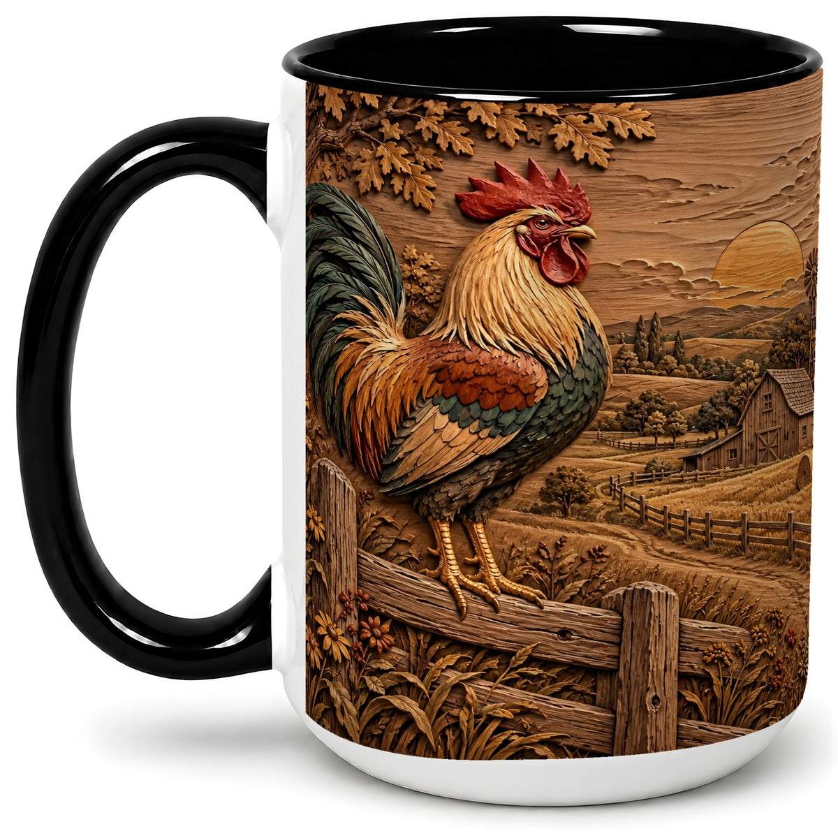 #pl[15oz|Black] Farm Rooster Accent Mug, Ceramic Mug with Rustic Country Artwork