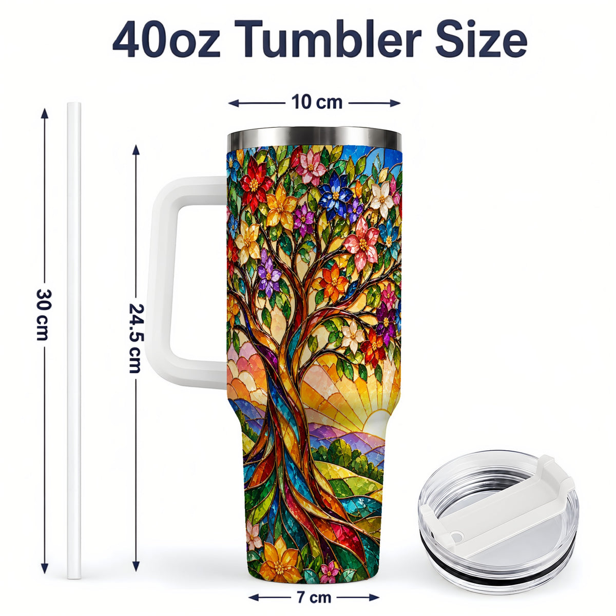 #pl[40oz|White] Colorful Floral Tree 40oz Tumbler, Stained Glass Style Artwork