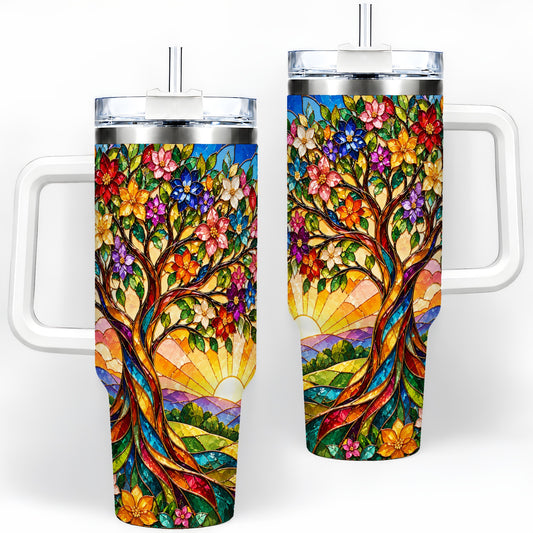 Colorful Floral Tree 40oz Tumbler, Stained Glass Style Artwork