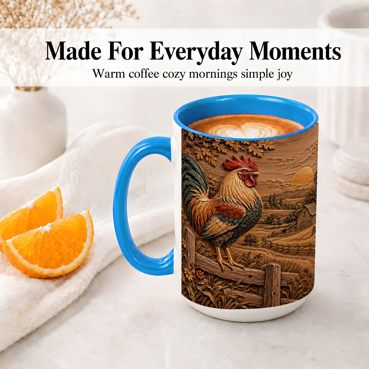 #pl[15oz|Blue] Farm Rooster Accent Mug, Ceramic Mug with Rustic Country Artwork