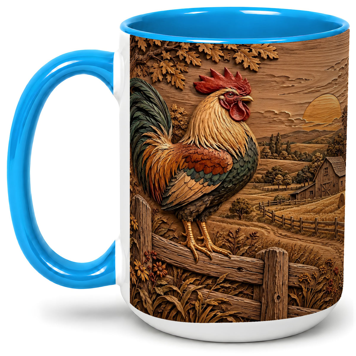 #pl[15oz|Blue] Farm Rooster Accent Mug, Ceramic Mug with Rustic Country Artwork