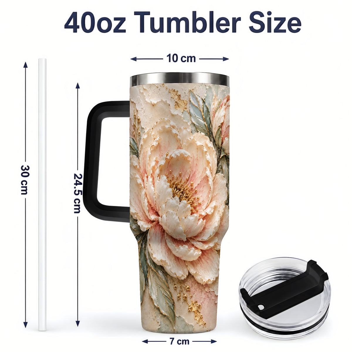 #pl[40oz|Black] Blush Peony 40oz Tumbler, Soft Floral Gold-Tone Artwork