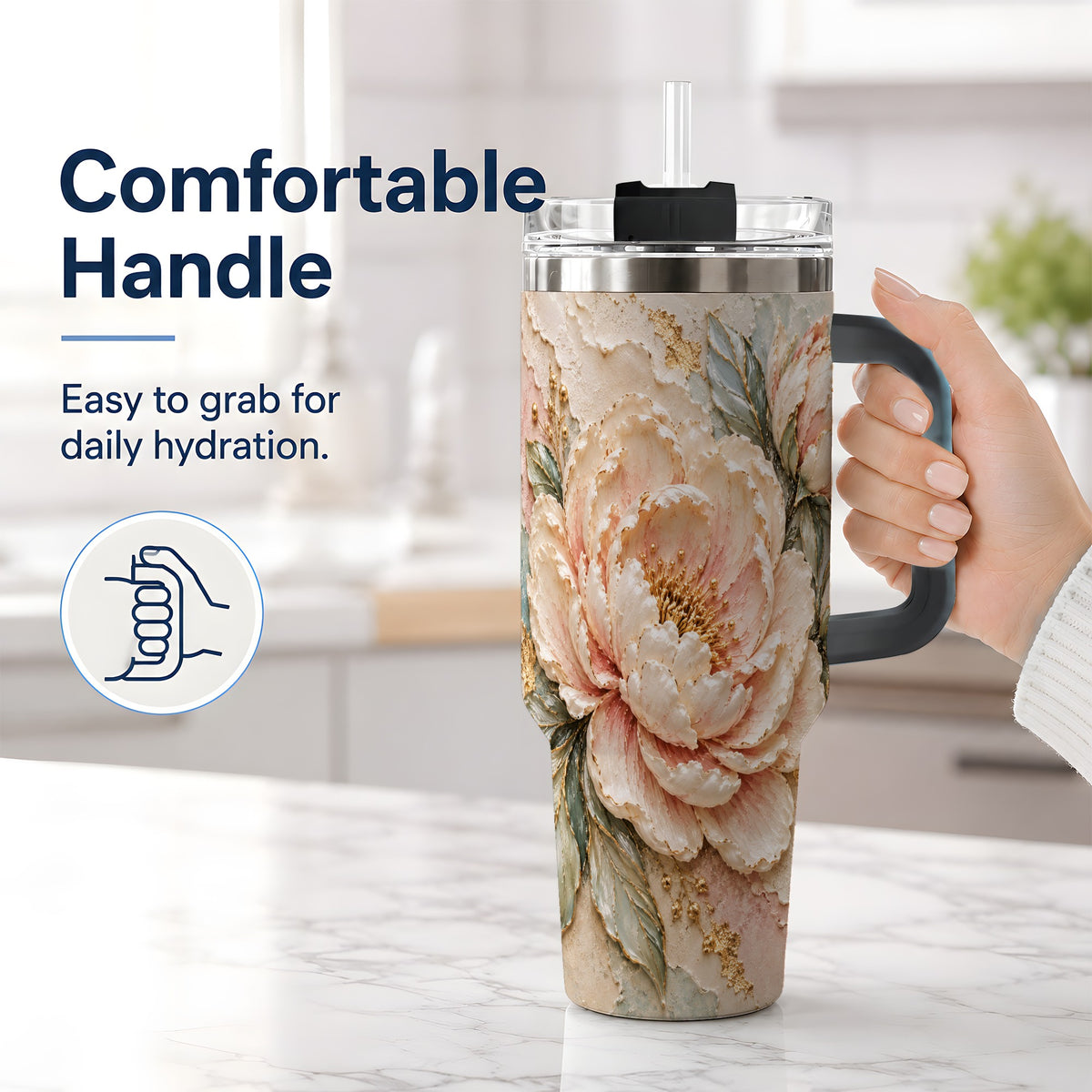 #pl[40oz|Black] Blush Peony 40oz Tumbler, Soft Floral Gold-Tone Artwork