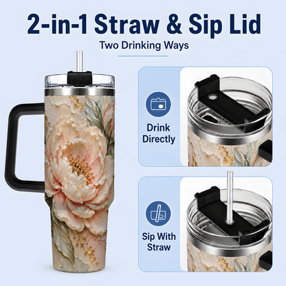 #pl[40oz|Black] Blush Peony 40oz Tumbler, Soft Floral Gold-Tone Artwork