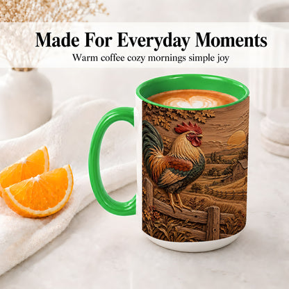 #pl[15oz|Green] Farm Rooster Accent Mug, Ceramic Mug with Rustic Country Artwork