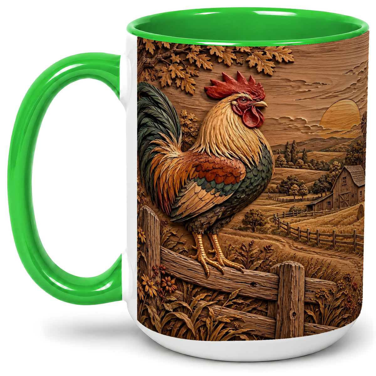 #pl[15oz|Green] Farm Rooster Accent Mug, Ceramic Mug with Rustic Country Artwork