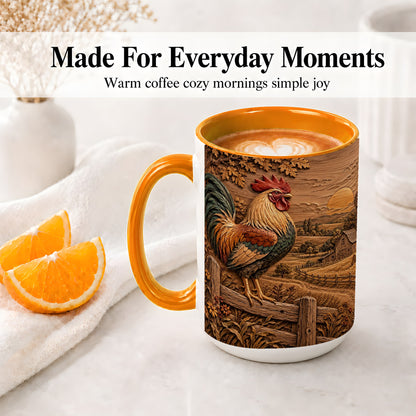 #pl[15oz|Orange] Farm Rooster Accent Mug, Ceramic Mug with Rustic Country Artwork