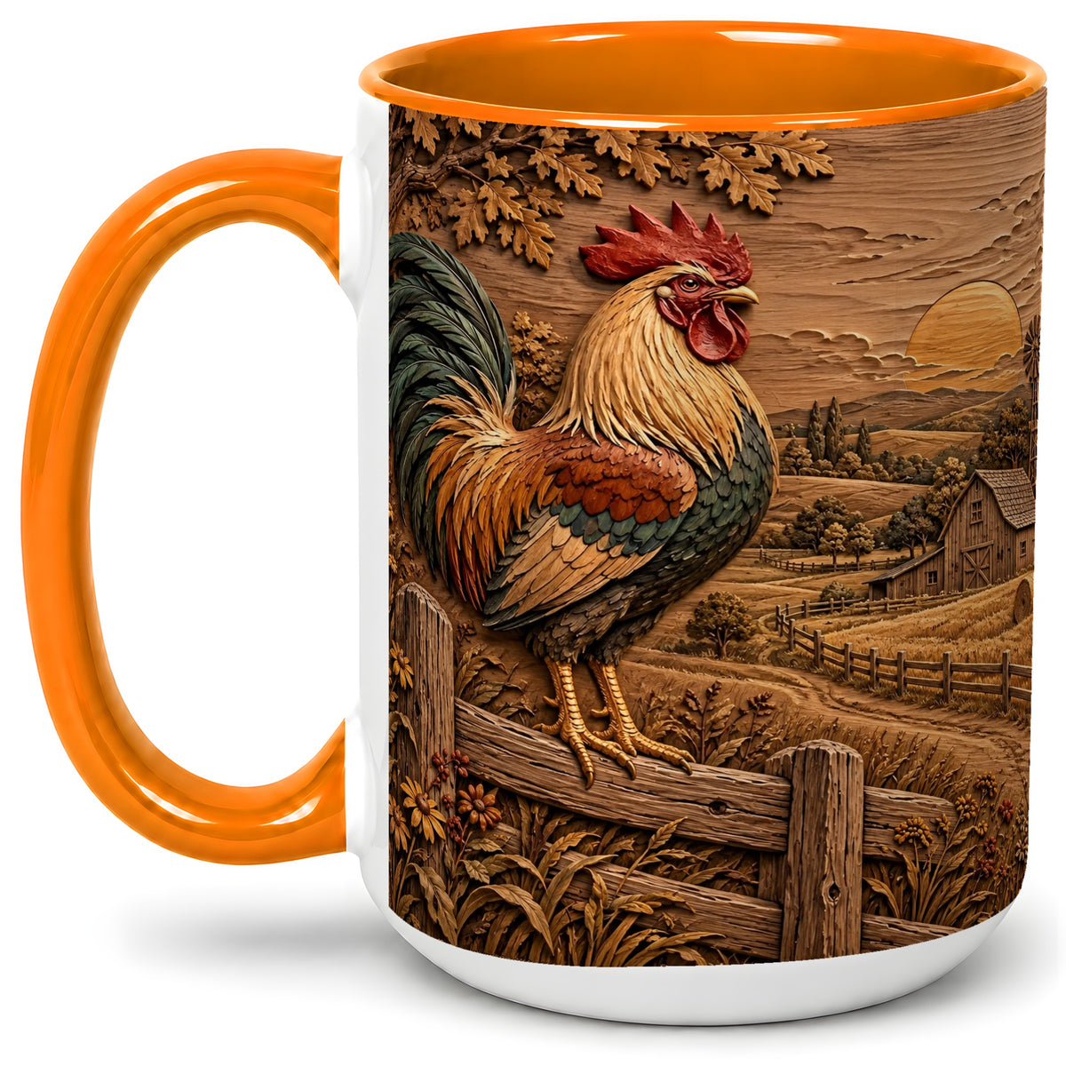 #pl[15oz|Orange] Farm Rooster Accent Mug, Ceramic Mug with Rustic Country Artwork