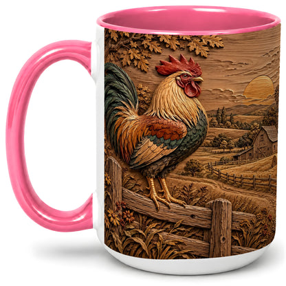 #pl[15oz|Pink] Farm Rooster Accent Mug, Ceramic Mug with Rustic Country Artwork