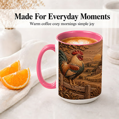 #pl[15oz|Pink] Farm Rooster Accent Mug, Ceramic Mug with Rustic Country Artwork