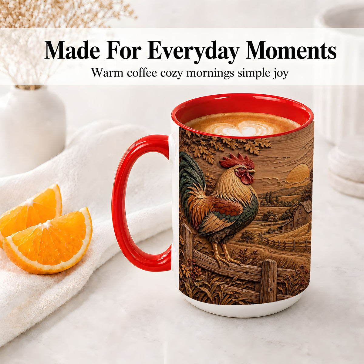 #pl[15oz|Red] Farm Rooster Accent Mug, Ceramic Mug with Rustic Country Artwork