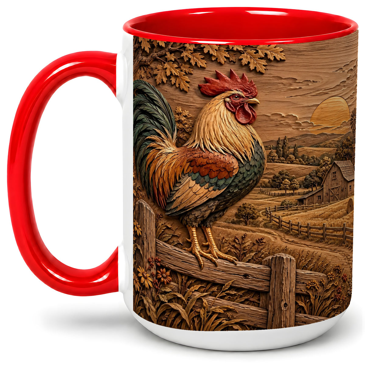 #pl[15oz|Red] Farm Rooster Accent Mug, Ceramic Mug with Rustic Country Artwork