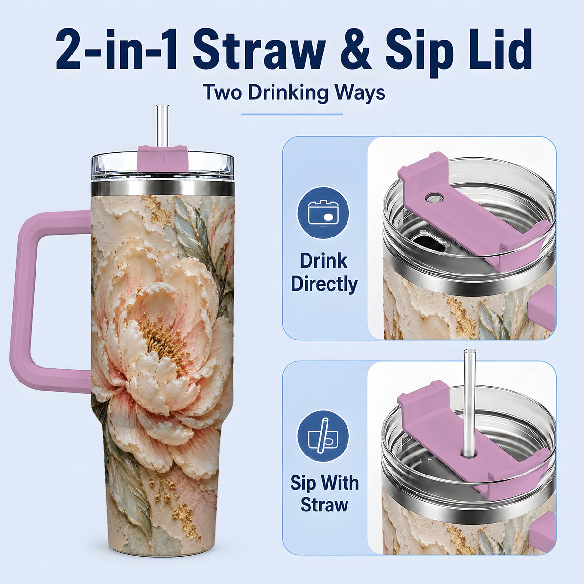 #pl[40oz|Pink] Blush Peony 40oz Tumbler, Soft Floral Gold-Tone Artwork