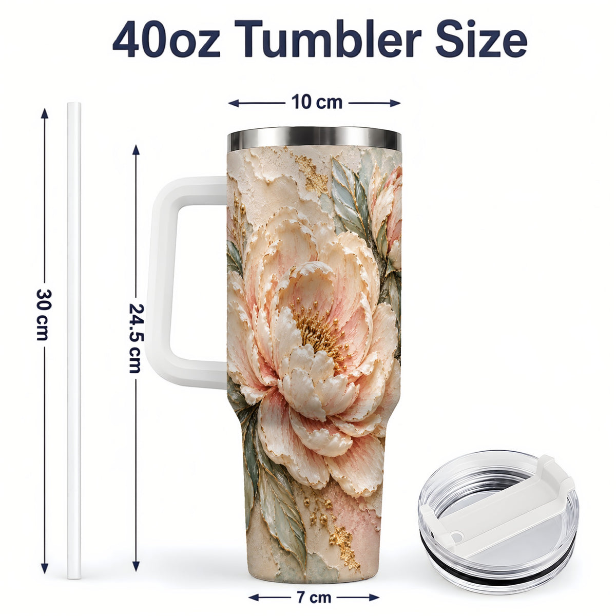 #pl[40oz|White] Blush Peony 40oz Tumbler, Soft Floral Gold-Tone Artwork