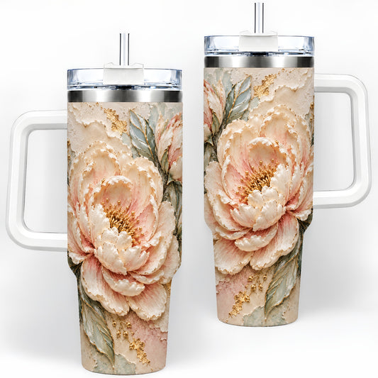 Blush Peony 40oz Tumbler, Soft Floral Gold-Tone Artwork