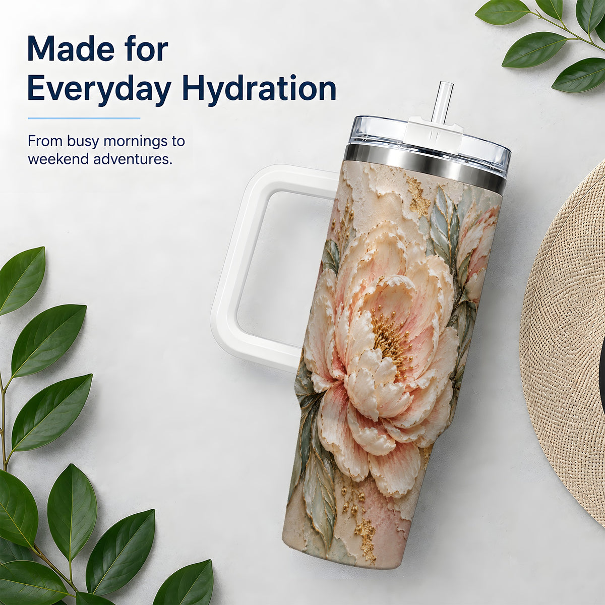 Blush Peony 40oz Tumbler, Soft Floral Gold-Tone Artwork
