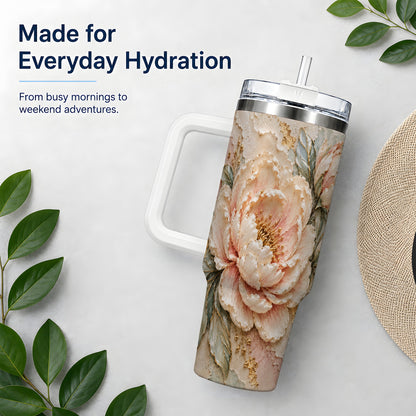 Blush Peony 40oz Tumbler, Soft Floral Gold-Tone Artwork