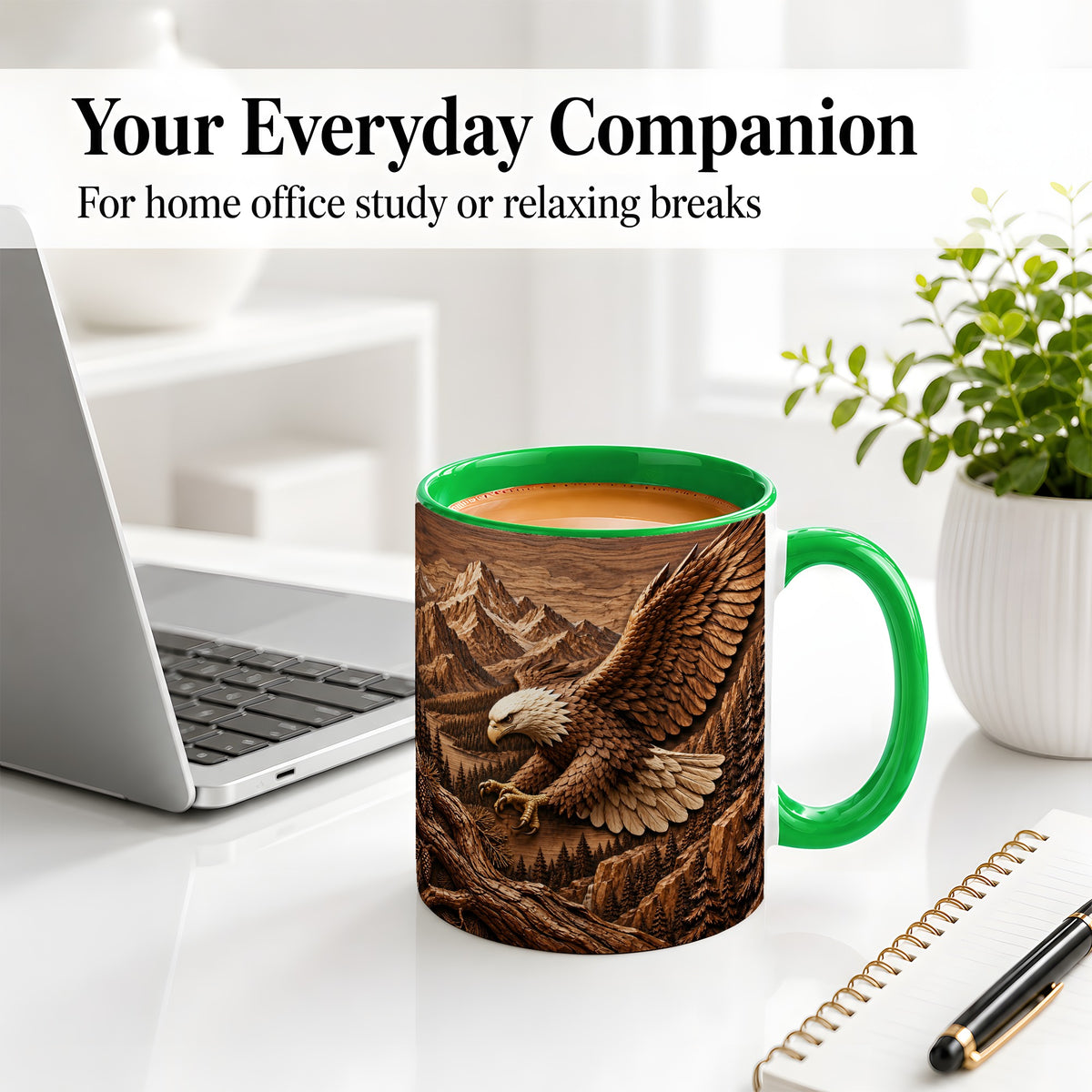 #pl[11oz|Green] Bald Eagle Accent Mug, Ceramic Mug with Mountain Forest Artwork